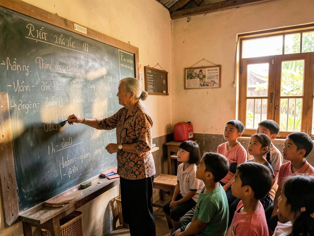 Cụ bà dạy chữ cho các cháu nhỏ trong lớp học làng với ánh nắng cửa sổ